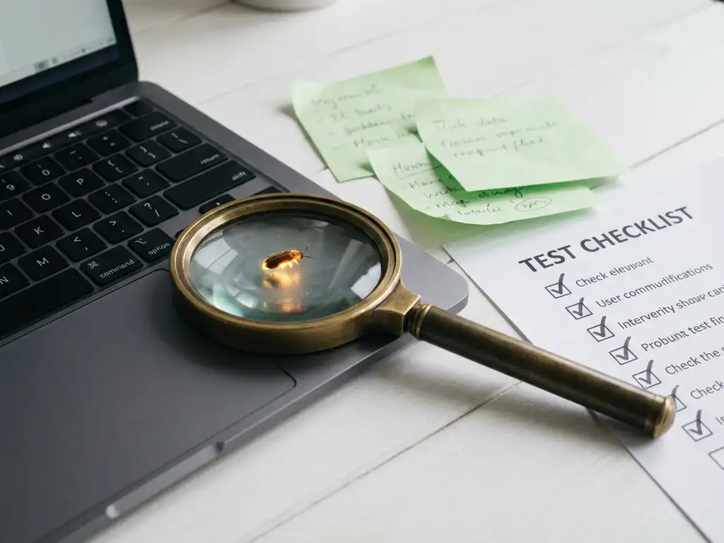 Vergrootglas op laptoptoetsenbord met gloeiende softwarebug, omringd door plakbriefjes en testchecklist op wit bureau.