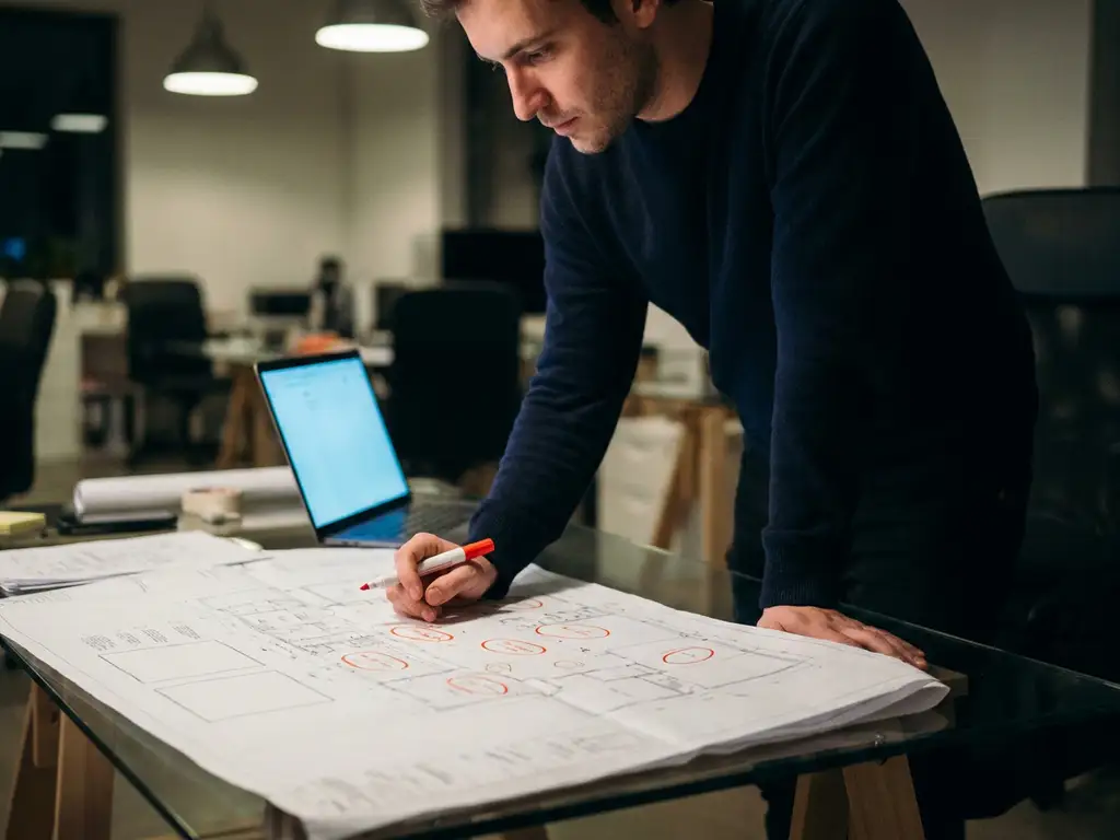 Software-engineer bestudeert architectuurdiagram met rode cirkels op glazen bureau, laptop verlicht de scène in blauw licht.