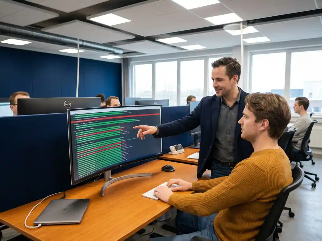 Softwaretester en developer bekijken samen geautomatiseerde testresultaten op een monitor in een modern kantoor.