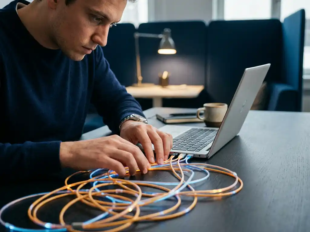 Software tester bestudeert verwarde gloeiende glasvezelkabels die uit een laptop komen op een donker bureau.