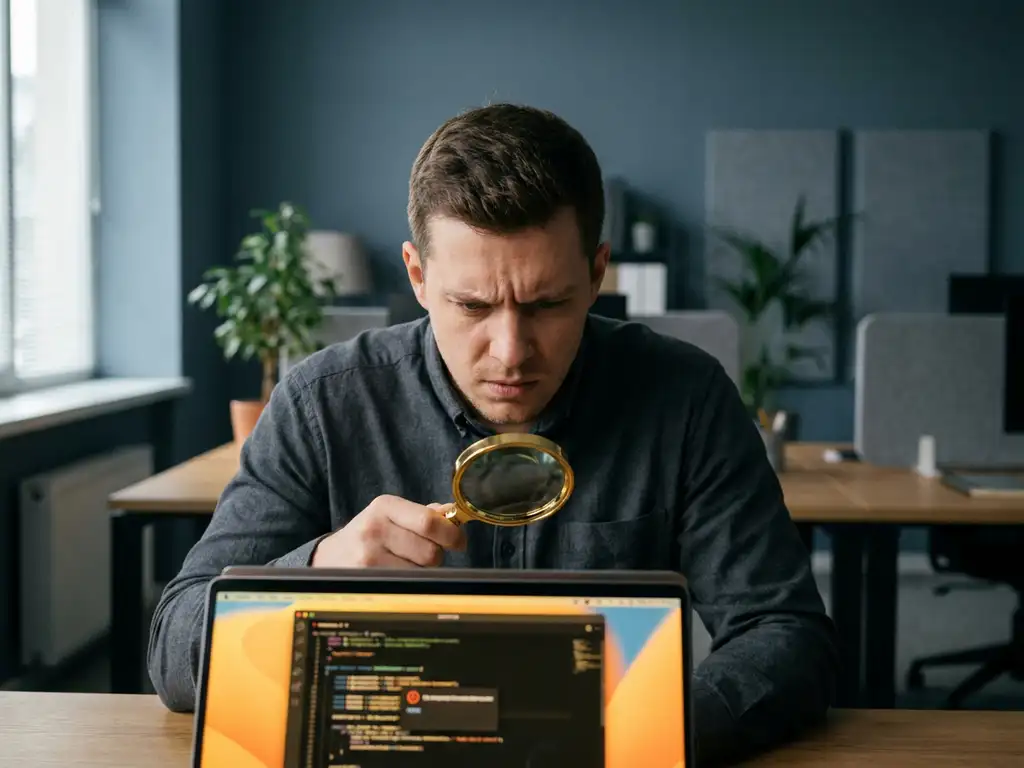 Softwaretester onderzoekt laptopscherm met vergrootglas in modern kantoor, blauw-grijze tinten met warm amber gloed.