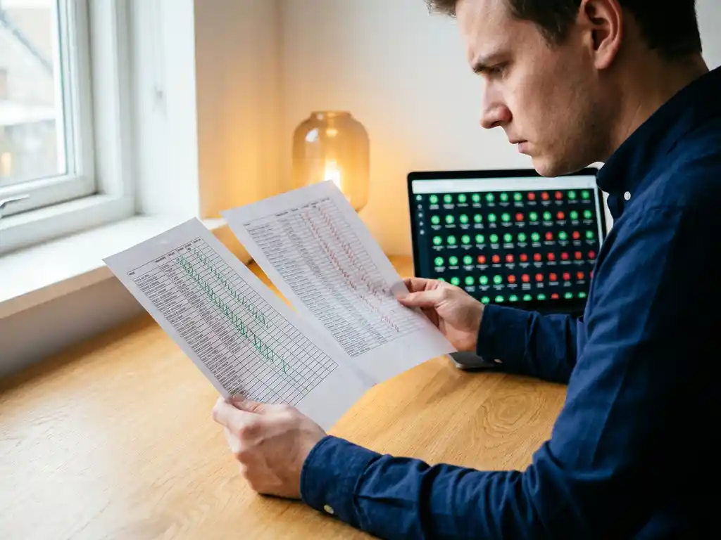 Softwaretester vergelijkt twee uitgeprinte testrapporten aan een modern bureau, laptop met groene en rode resultaten op de achtergrond.
