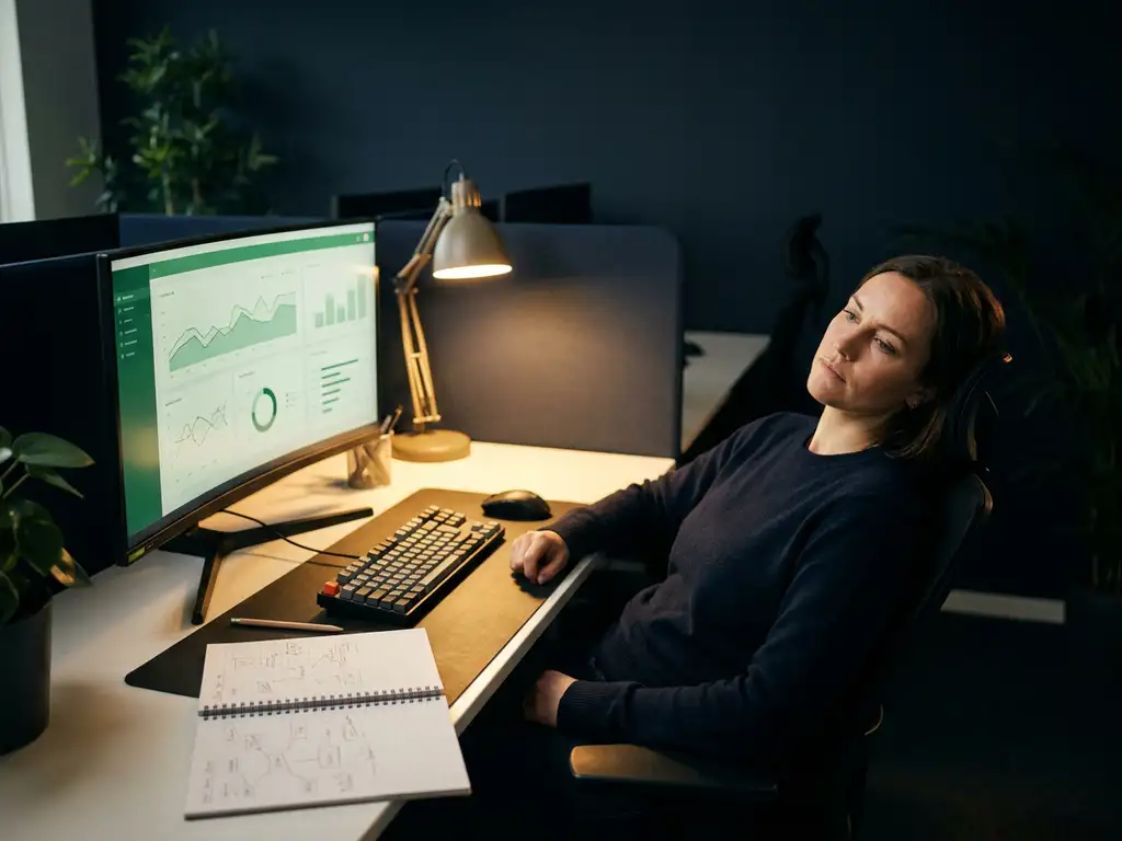 Softwaretester leunt nadenkend achterover aan modern bureau met groen prestatie-dashboard op monitor en opengeslagen notitieboek.