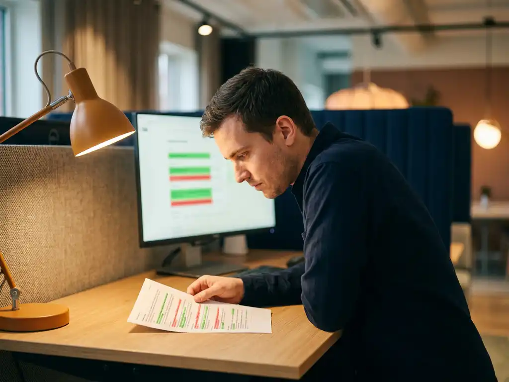 Softwareontwikkelaar bestudeert kleurgecodeerd testdekkingraport aan opgeruimd bureau, monitor met groene en rode statusindicatoren op achtergrond.