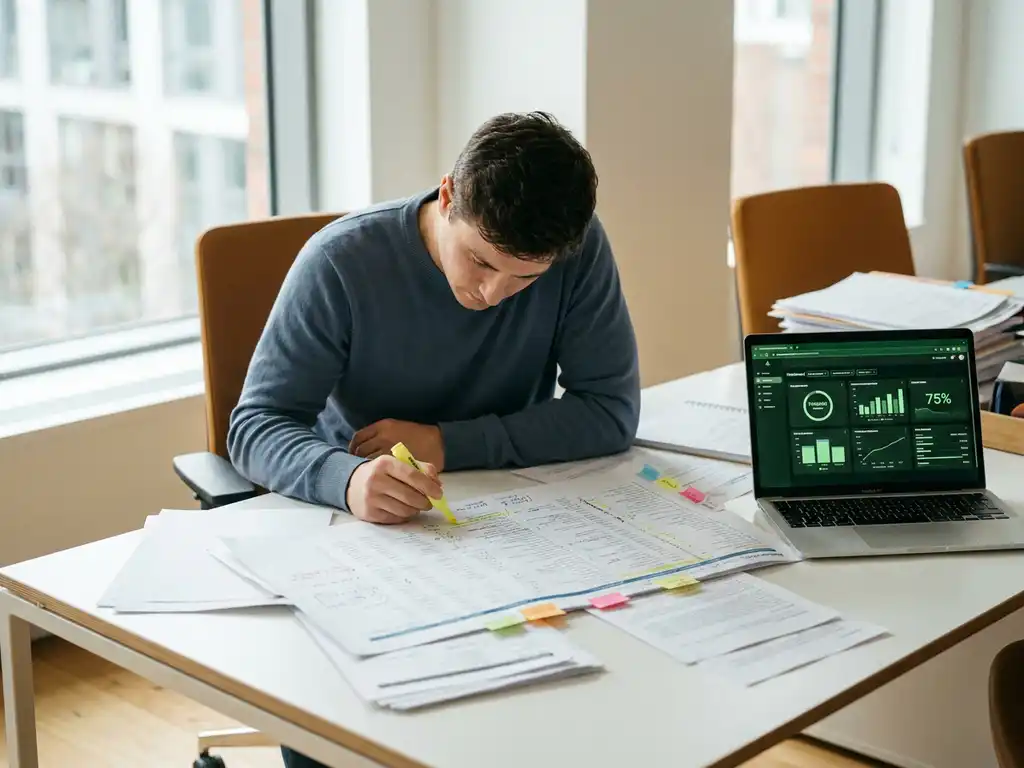 Softwaretester analyseert uitgeprinte testdekkingrapporten op bureau met aantekeningen, laptop toont groen voortgangsdashboard, zijdelings natuurlijk licht.