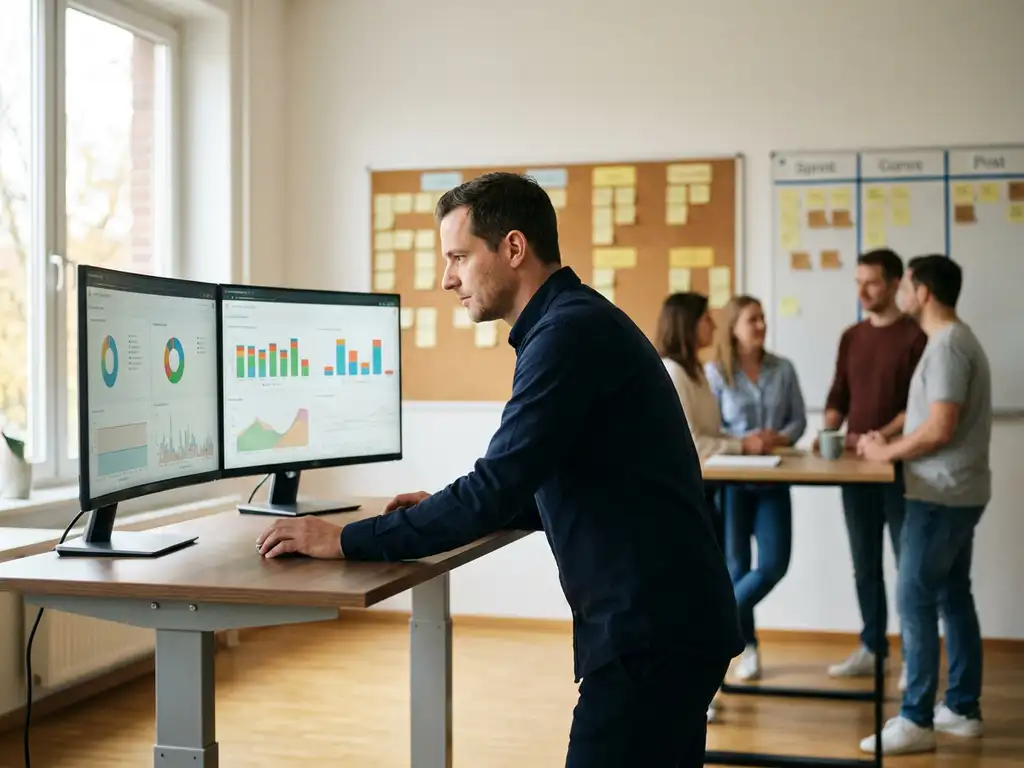 Testmanager bij staand bureau bekijkt geautomatiseerde testpipeline dashboards op twee monitoren in modern DevOps-kantoor.