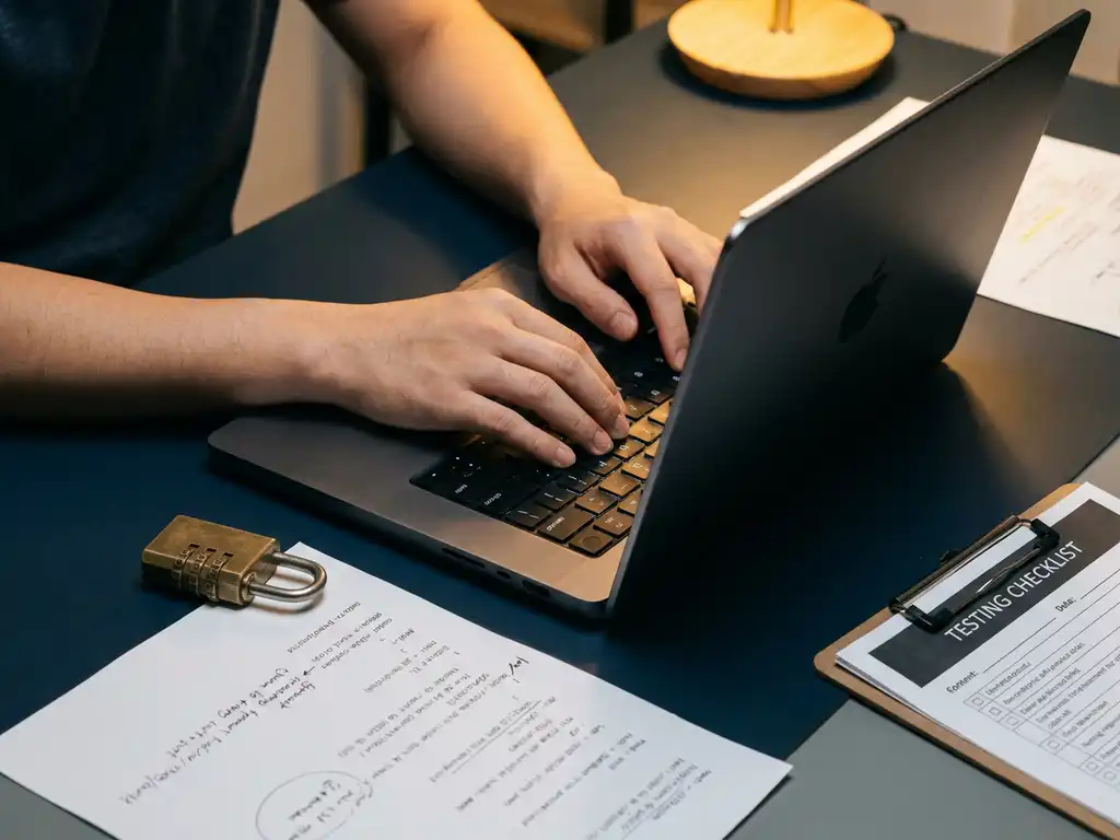 Ontwikkelaar typt op laptop omringd door combinatieslot, code-review en testchecklist op modern bureau, symboliseert DevSecOps.