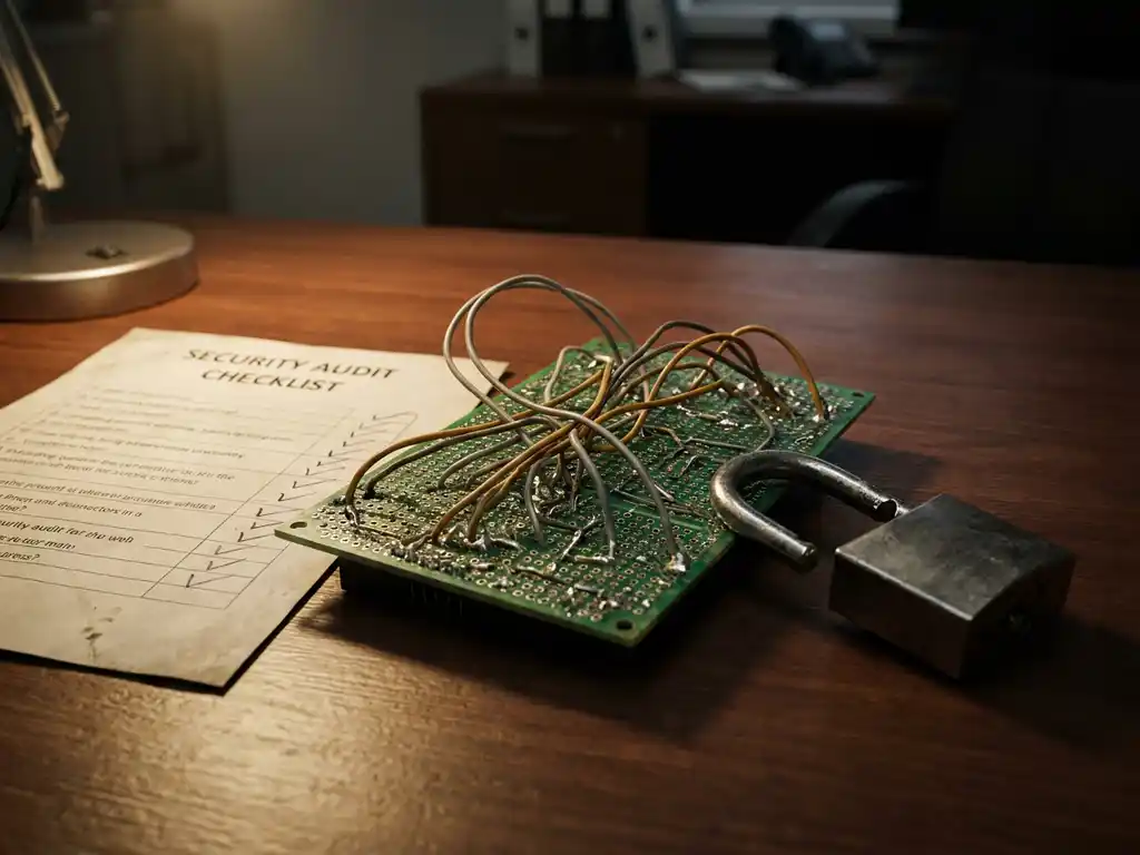 Zelfgemaakt printbord met losse bedrading op een bureau naast een beveiligingsauditlijst en een gebarsten hangslot.