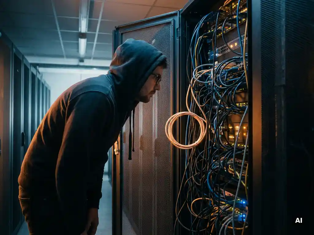 Ontwikkelaar onderzoekt verwarde serverkabels met knipperende indicatielampjes in een open serverrack in donker datacenter.