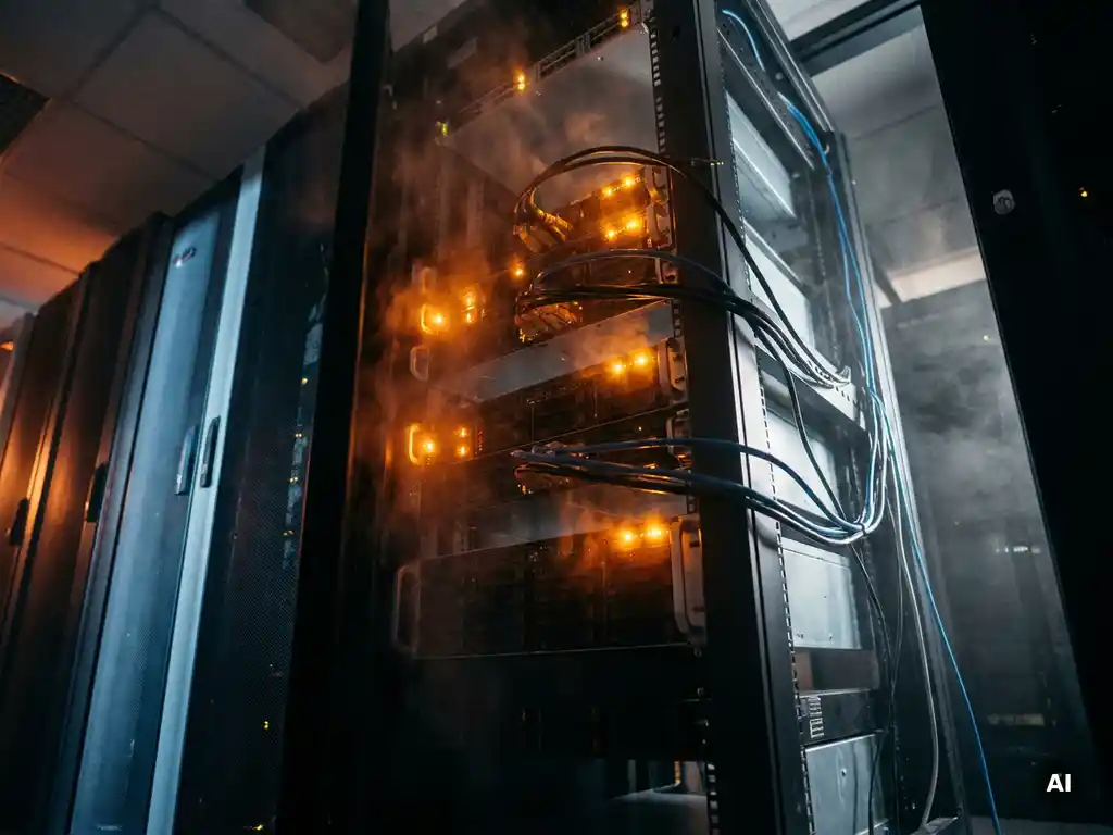 Serverrack met hitteschering en gloeiende oranje waarschuwingslichten in een donkere datacentergang, dramatisch van onderen gefotografeerd.